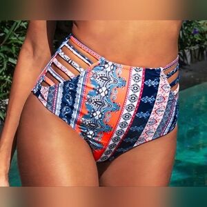 NWT Cupshe Strappy High Waist Orange/Blue Boho Bikini Bottoms Size M